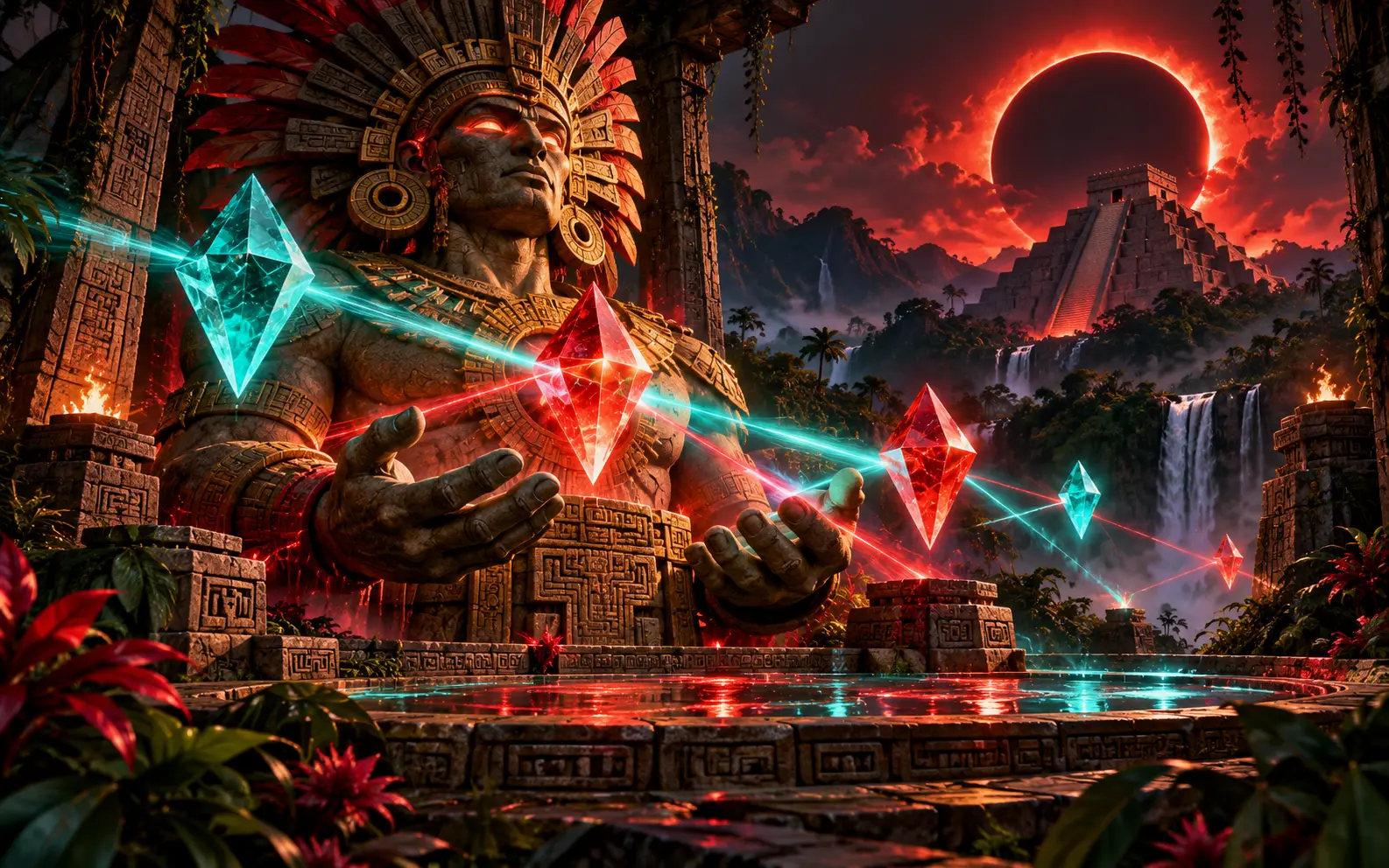 Aztec guardian multiplying light through floating prisms