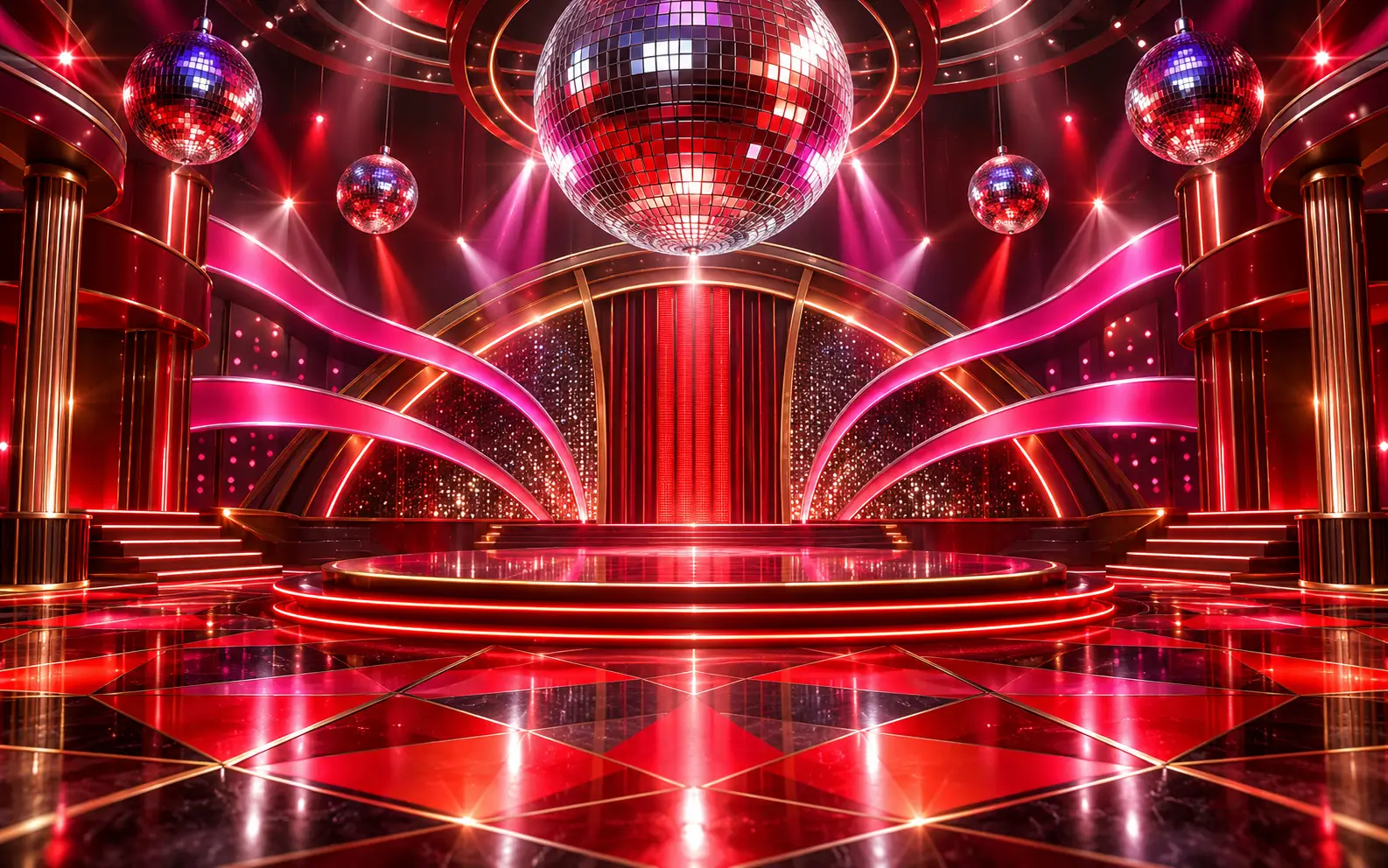 Empty retro-futurist disco stage with mirrored spheres