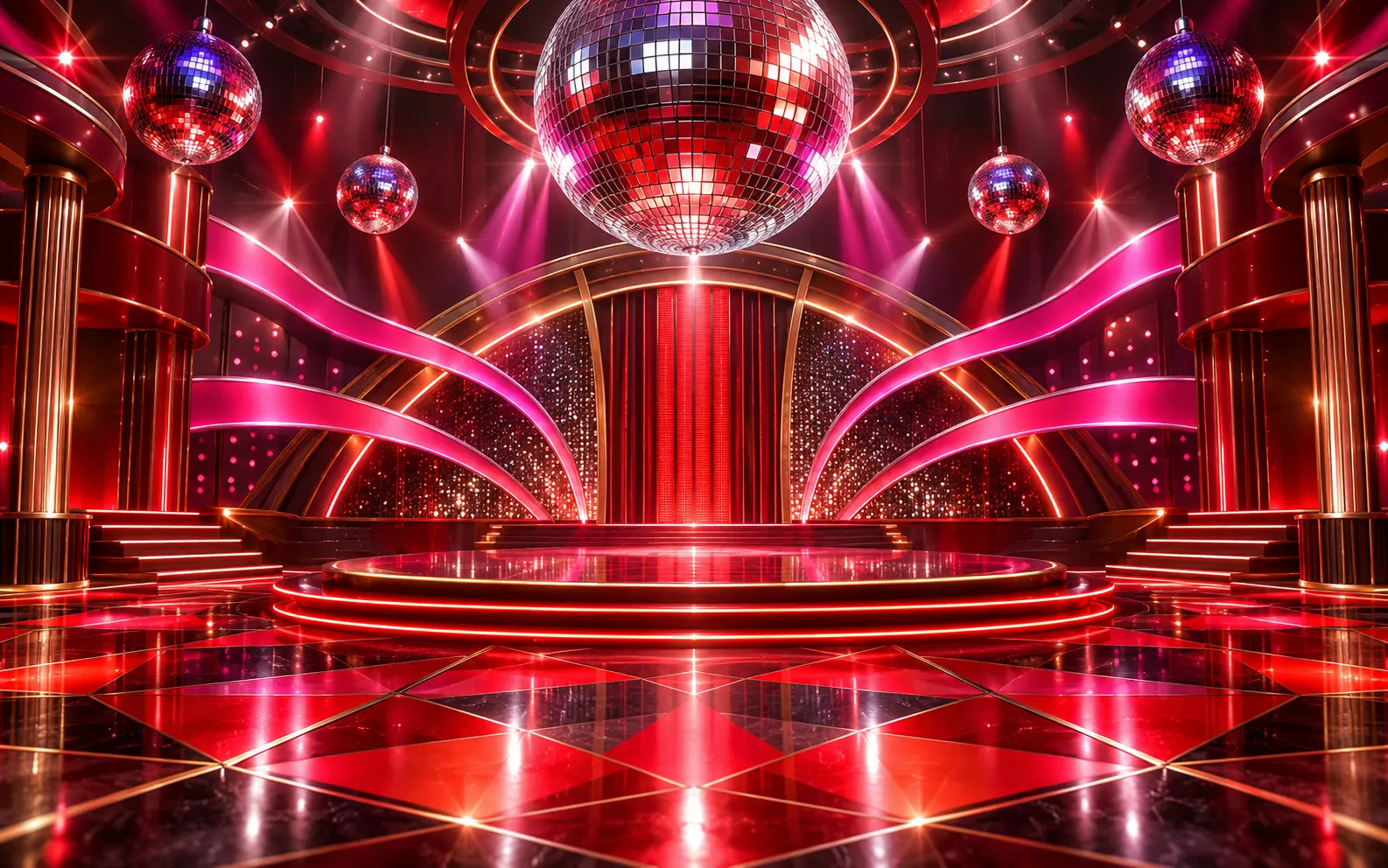 Empty retro-futurist disco stage with mirrored spheres
