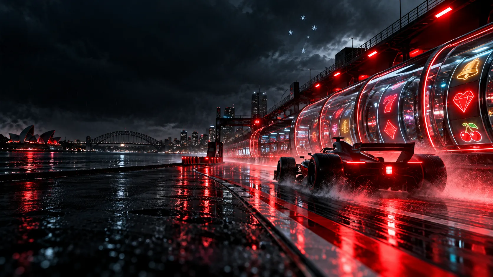Original red casino pit lane overlooking Sydney Harbour at night